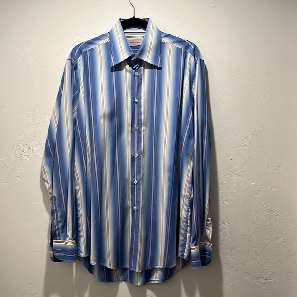 Vintage Versace classic men’s blue stripe button-down, long sleeve shirt